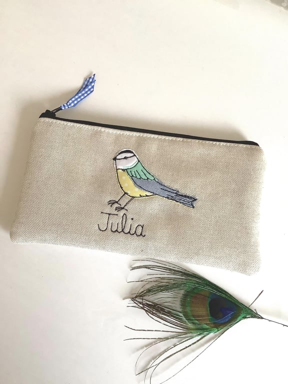 Custom Blue Tit Pencil Case - Personalised Pen Case Gift with Free Motion Design
