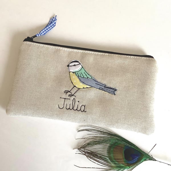 Custom Blue Tit Pencil Case - Personalised Pen Case Gift with Free Motion Design