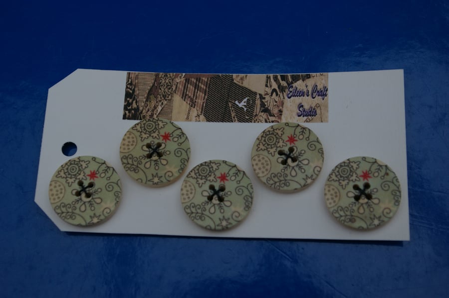 Buttons a Set of Five Green Wooden Buttons