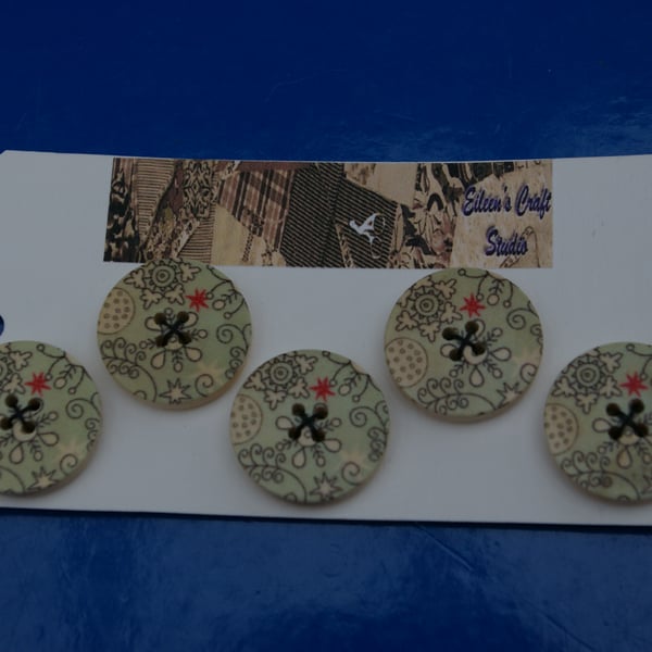 Buttons a Set of Five Green Wooden Buttons