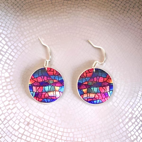 Drop earrings, magenta blue abstract discs on sterling silver ear wires (821)