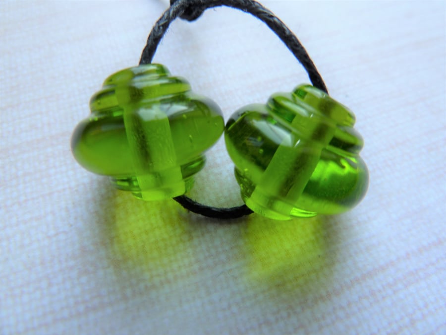 lampwork glass beads, green ornate pair