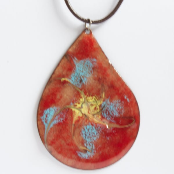 turquoise and gold enamel scrolled on red over clear -  large teardrop pendant