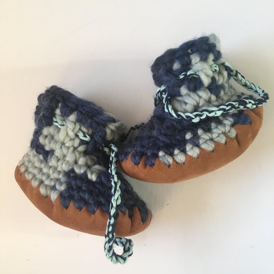 Wool & Leather baby boots - Blueberry- size 1 (3-6 months)