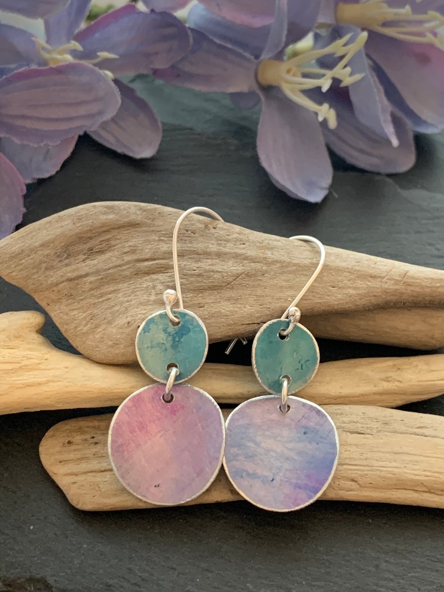 Printed Aluminium and sterling silver earrings - lilac and teal