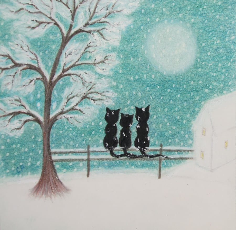 Cat Christmas Card, Three Black Cats Moon Tree Snow Card, Xmas Card for Dad, Art