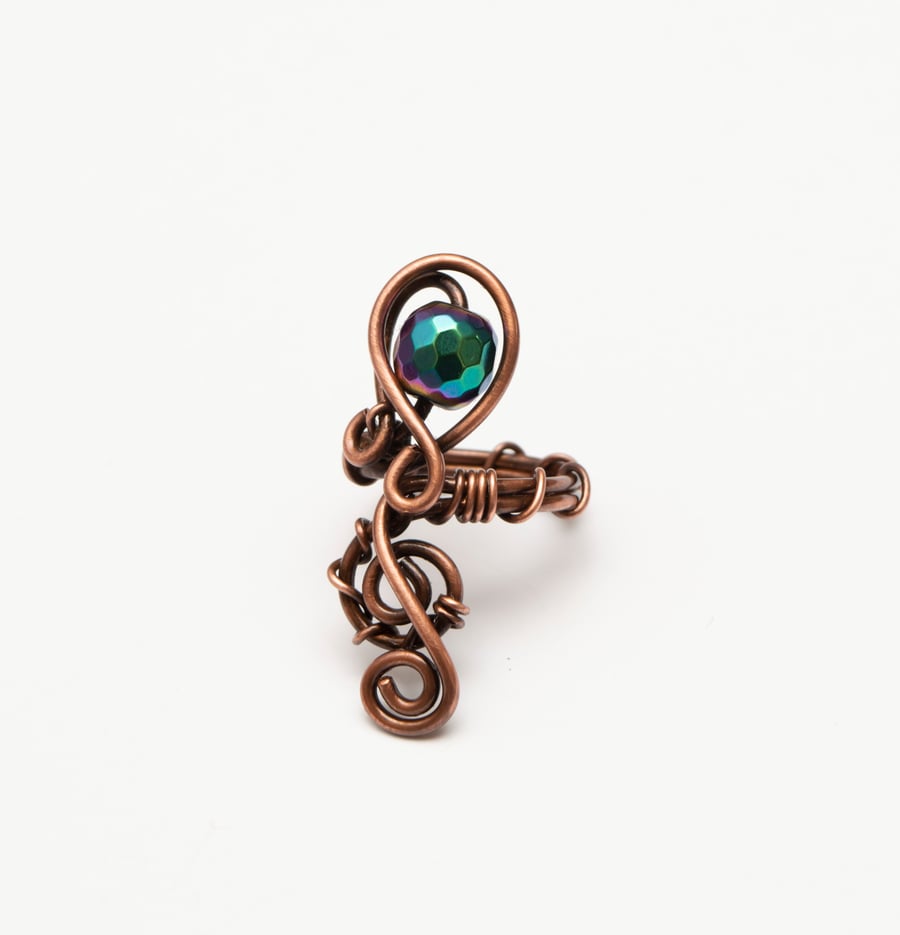 Blue Hematite Copper Statement Ring – Adjustable Wire Wrapped Ring