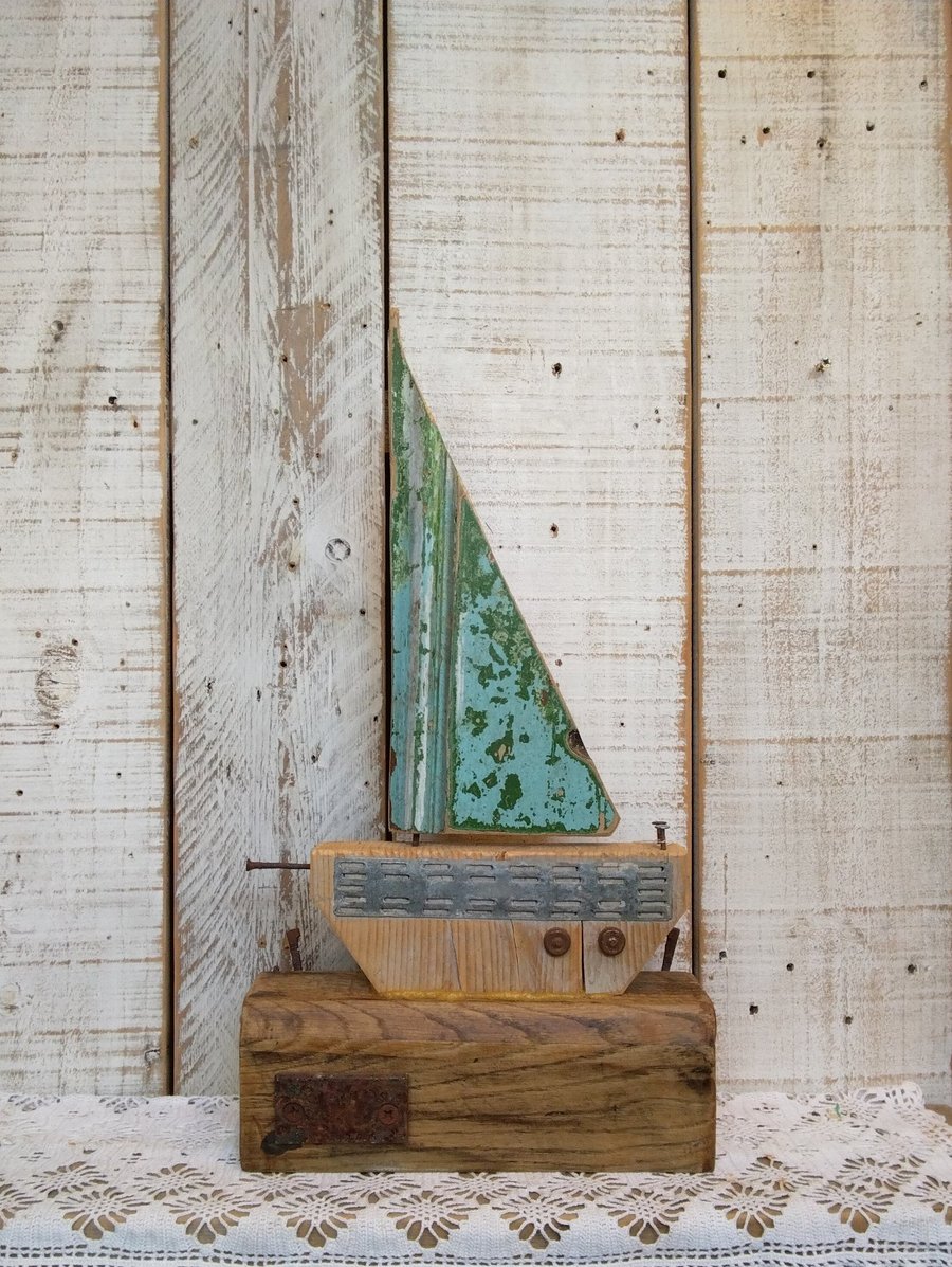 Handmade Rustic Sailboat Decor, Reclaimed Wood Nautical Ornament