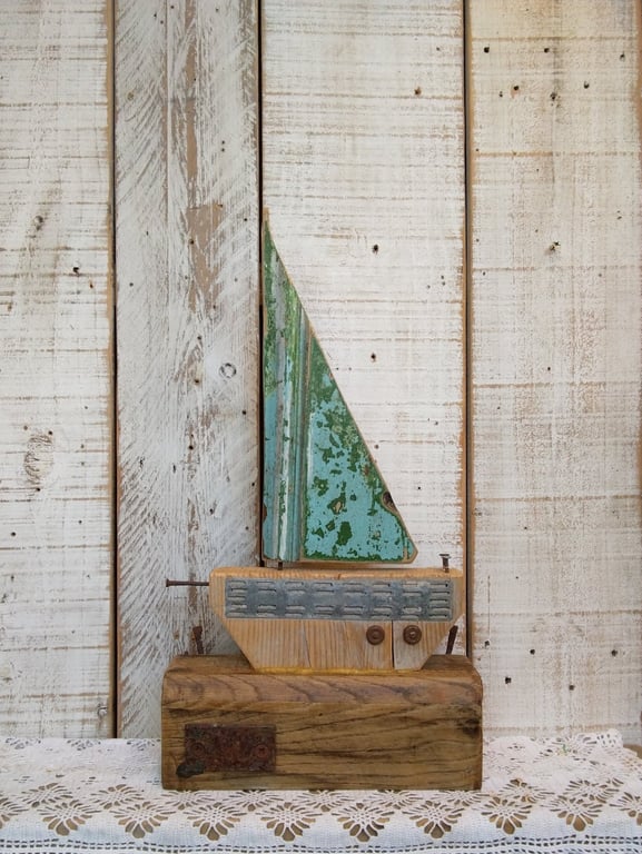 Handmade Rustic Sailboat Decor, Reclaimed Wood Nautical Ornament