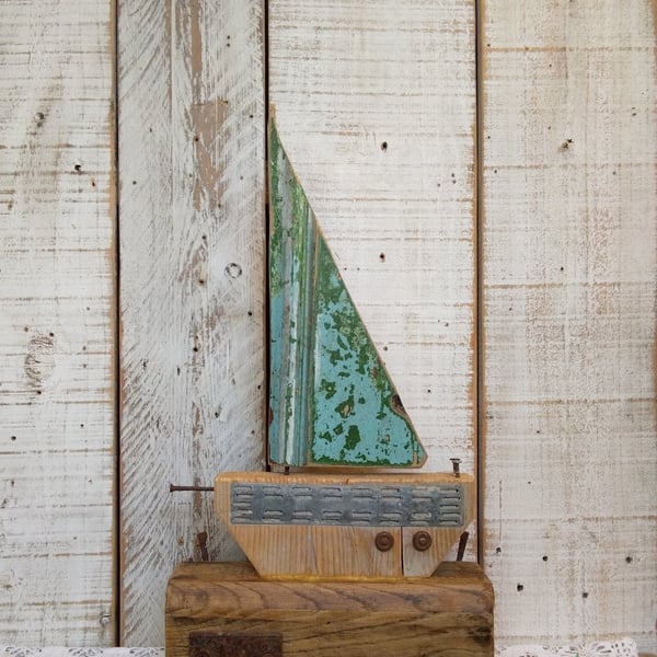 Handmade Rustic Sailboat Decor, Reclaimed Wood Nautical Ornament