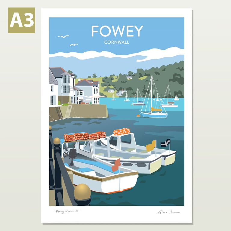 Fowey Harbour, Cornwall, A3 retro style travel poster or art print