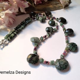 Natural Untreated Emerald,  Ruby, Sapphire Sterling Silver Necklace