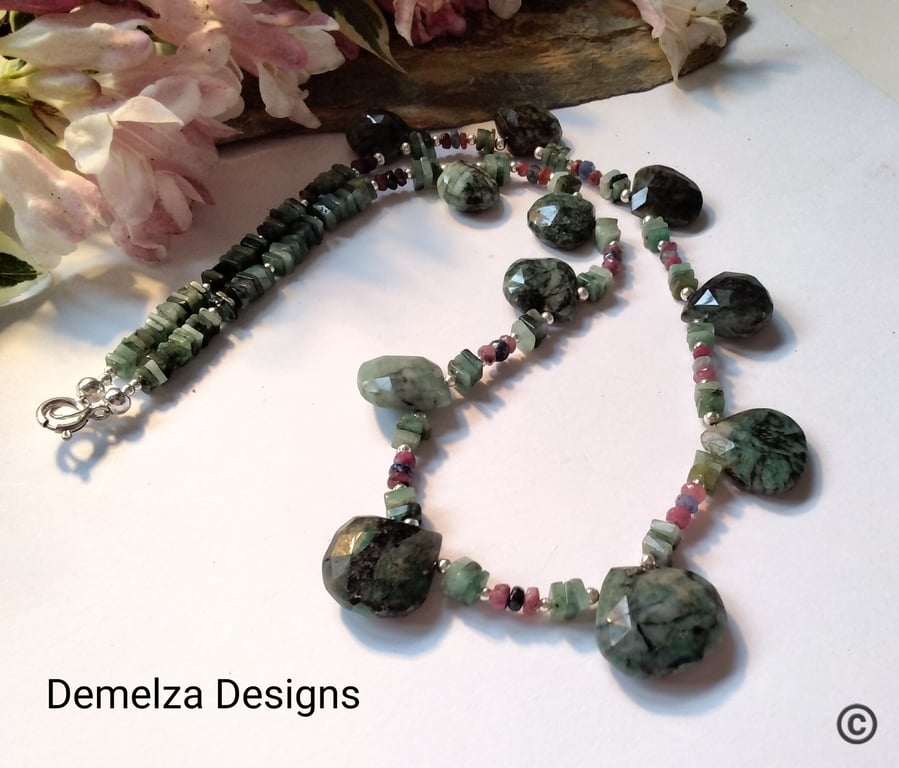 Designer Natural Raw Emerald,  Ruby, Sapphire Sterling Silver Necklace