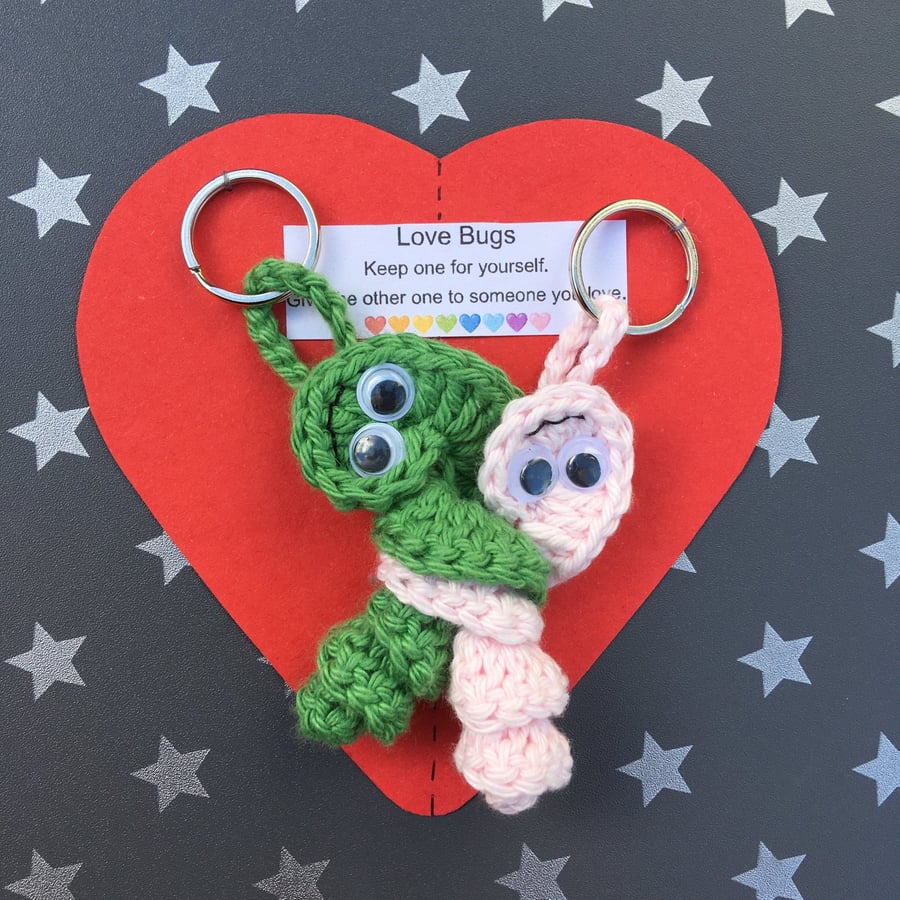 Green And Pink Crochet Love Bug Keyrings