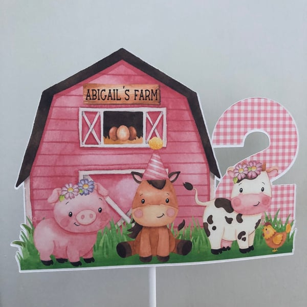 Farm Themed Pink Birthday Cake Topper