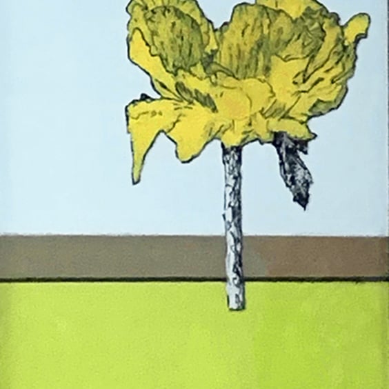 Contemporary Unframed Drawing - Mixed Media on Board - Stylised Yellow Flower
