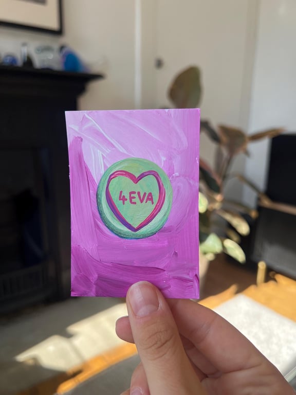 ACEO original - loveheart sweet retro candy 4eva forever - acrylic paint