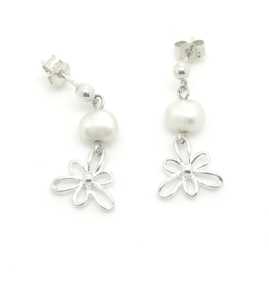 Iris Flower Sterling Silver Pearl Drop Earrings
