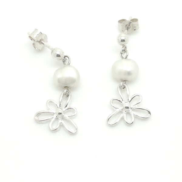 Iris Flower Sterling Silver Pearl Drop Earrings