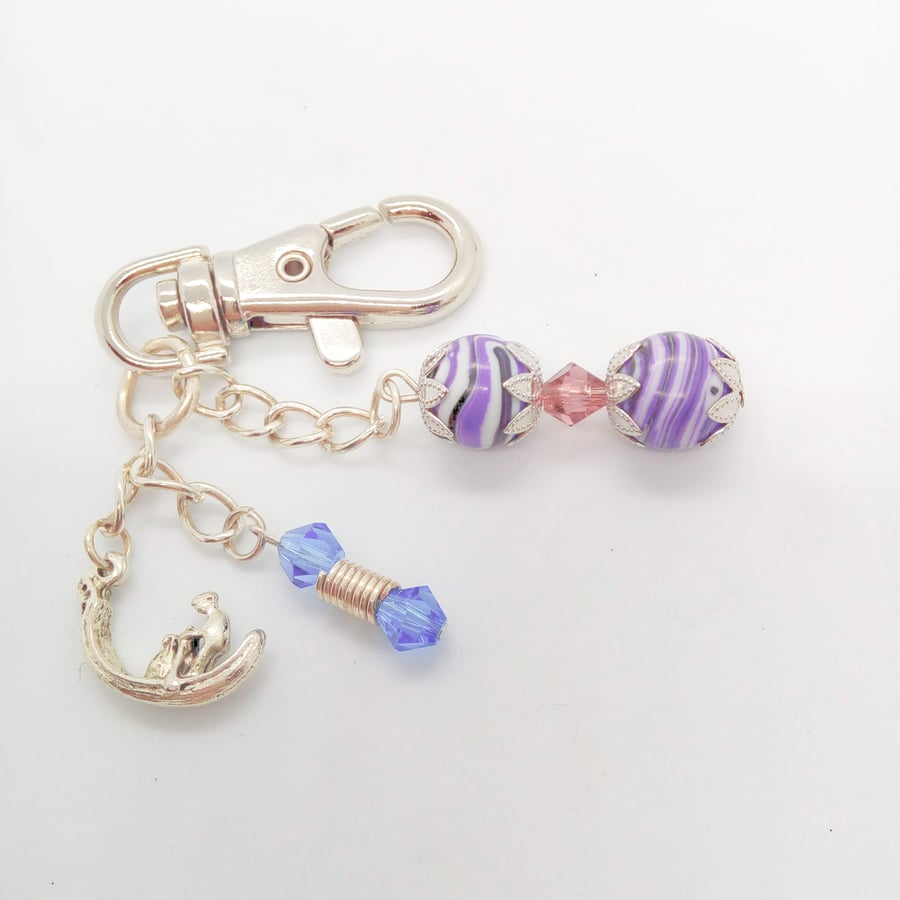Purple Agate and Blue Crystal Hand Bag Charm with a Silver Gondola Charm