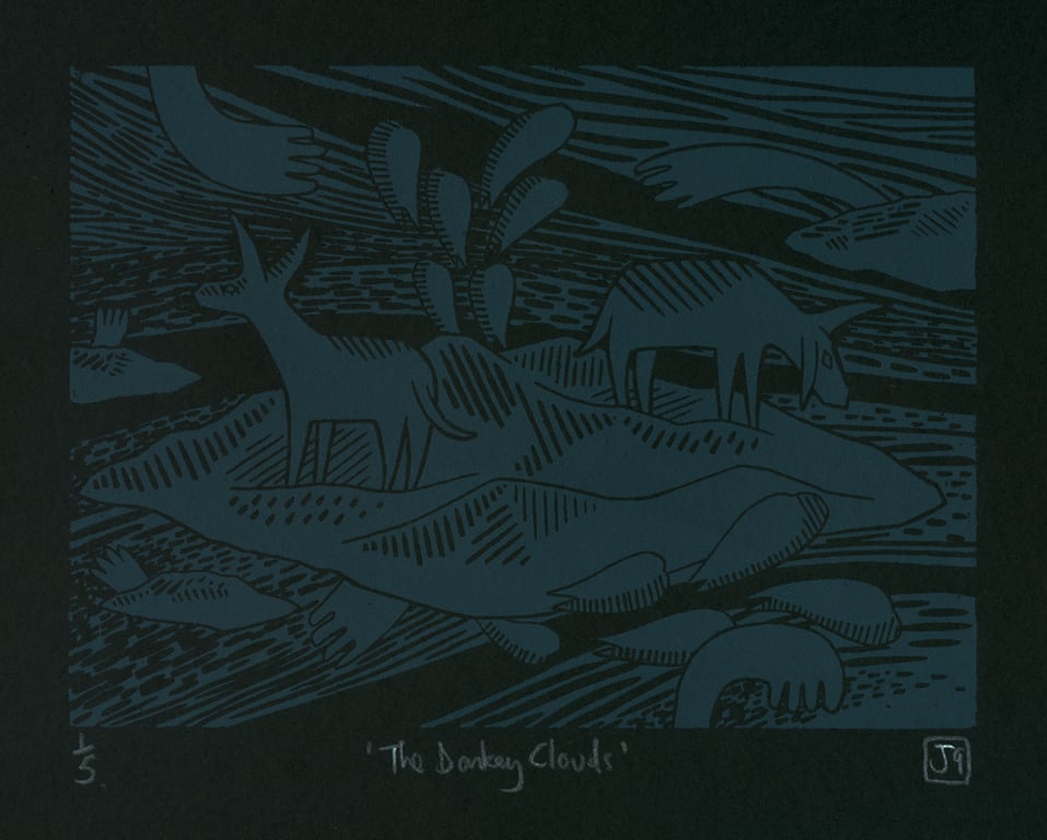 The Donkey Clouds A4 linocut screen print (dark blue ink & black paper)