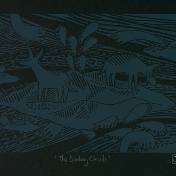 The Donkey Clouds A4 linocut screen print (dark blue ink & black paper)