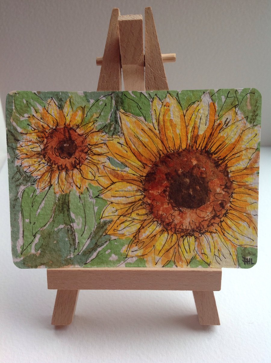 ACEO Original 'Sunflowers' pen and watercolour painting