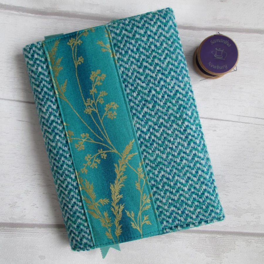 SOLD 'Harris Tweed' Reusable Notebook, Diary Cover - Turquoise with Gold Grasses