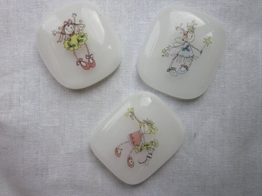  Set of handmade fused glass fridge magnets - Christmas fairies