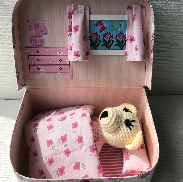 Mini Suitcase Dollhouse with Teddy or Bunny Folksy