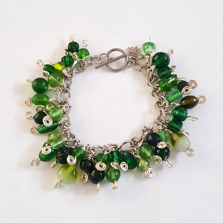 Green Beaded Cluster Charm Bracelet with Silver Wire Spirals