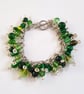 Green Beaded Cluster Charm Bracelet with Silver Wire Spirals