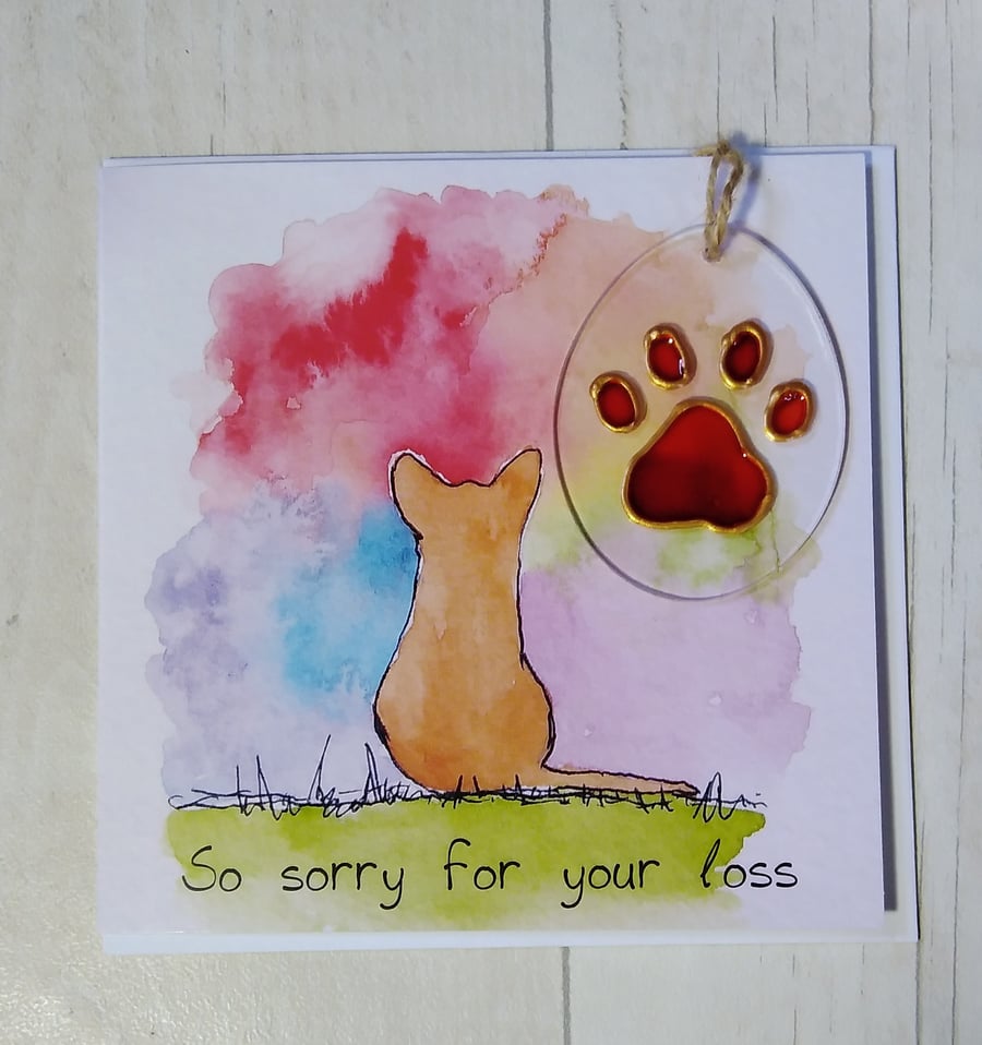Jack Russell sympathy card (printed card) and paw print sun catcher. Pet loss.
