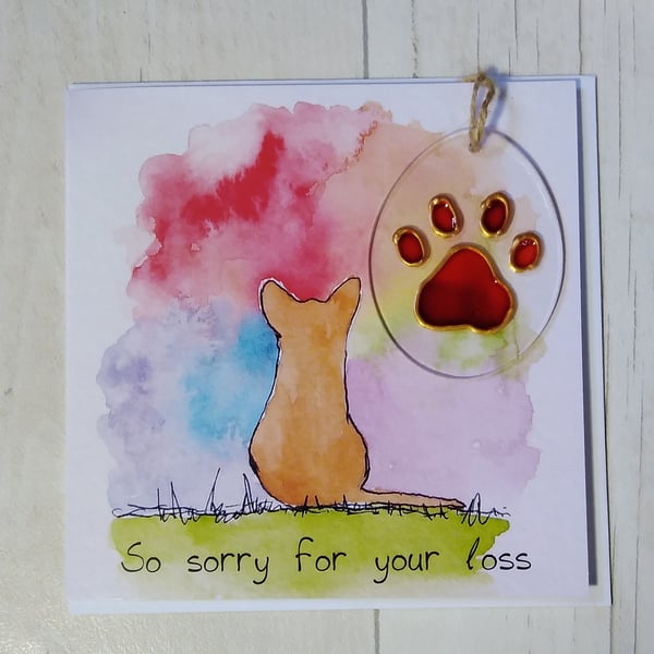 Jack Russell sympathy card (printed card) and paw print sun catcher. Pet loss.