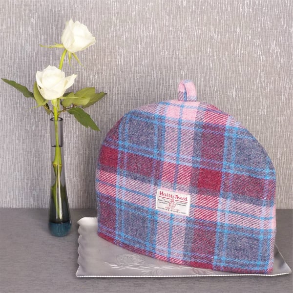 Harris Tweed tea cosy pink and blue check tartan fabric teapot cover