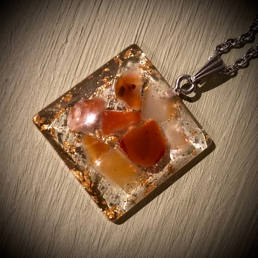 Crystal Energy Square Pendant with Carnelian crystals (large)
