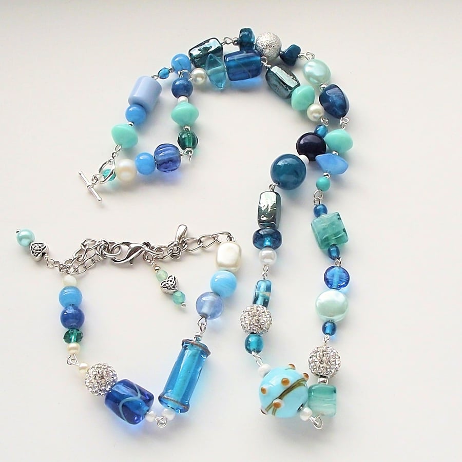 Blue summer sea necklace and bracelet set mixed bead rosary style wire wrapped