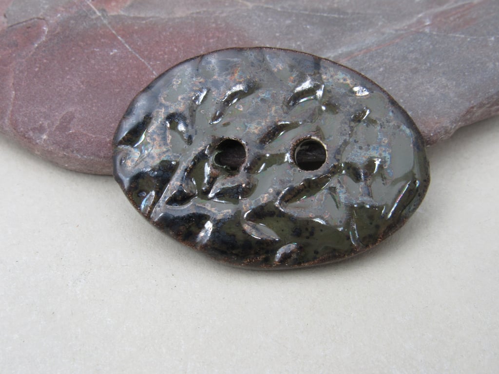 Large Obsidian Sprig Oval Handmade Ceramic Button