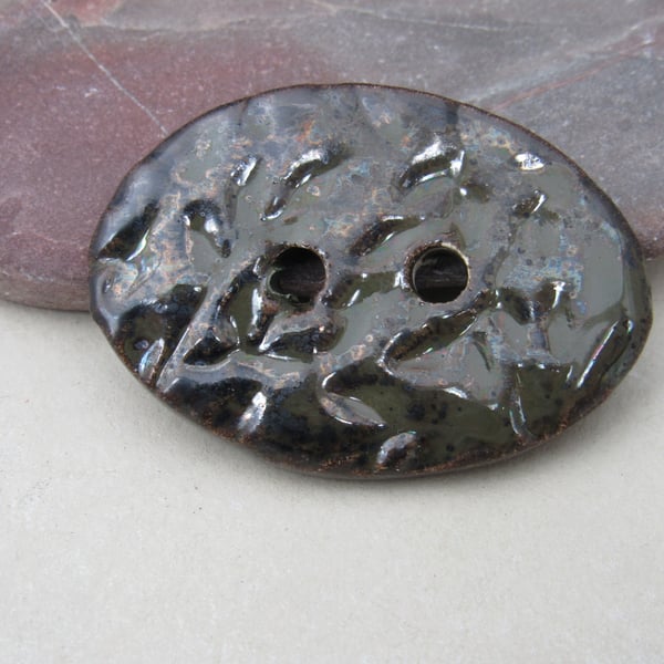 Large Obsidian Sprig Oval Handmade Ceramic Button