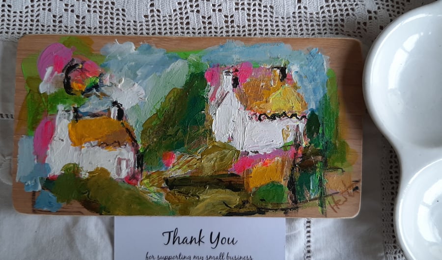 Bright cottages semi abstract landscape painting 