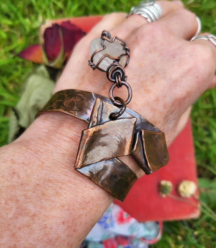 Chunky copper bangle with rutilated quartz charm, crystal bracelet