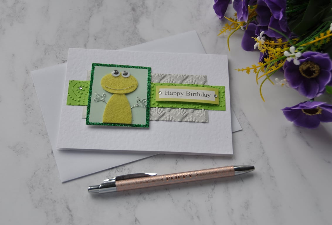 Green Felt Frog Happy Birthday Card 3D Luxury Handmade Mixed Media Card