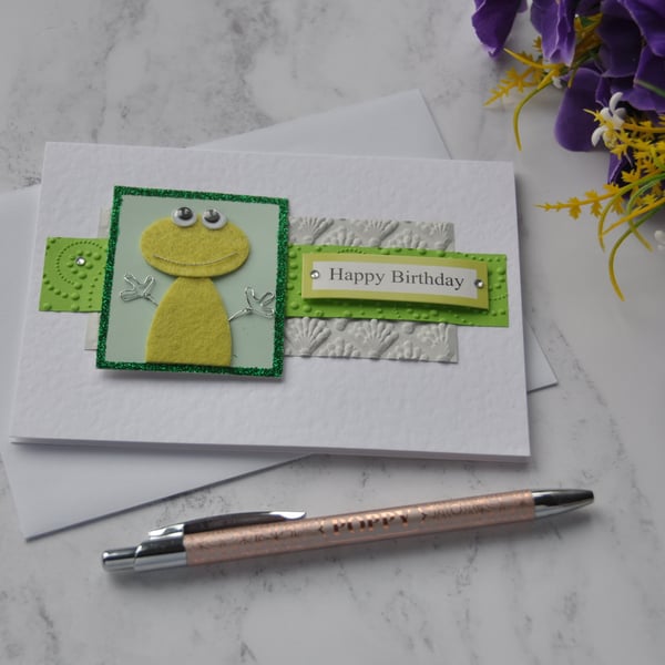 Green Felt Frog Happy Birthday Card 3D Luxury Handmade Mixed Media Card