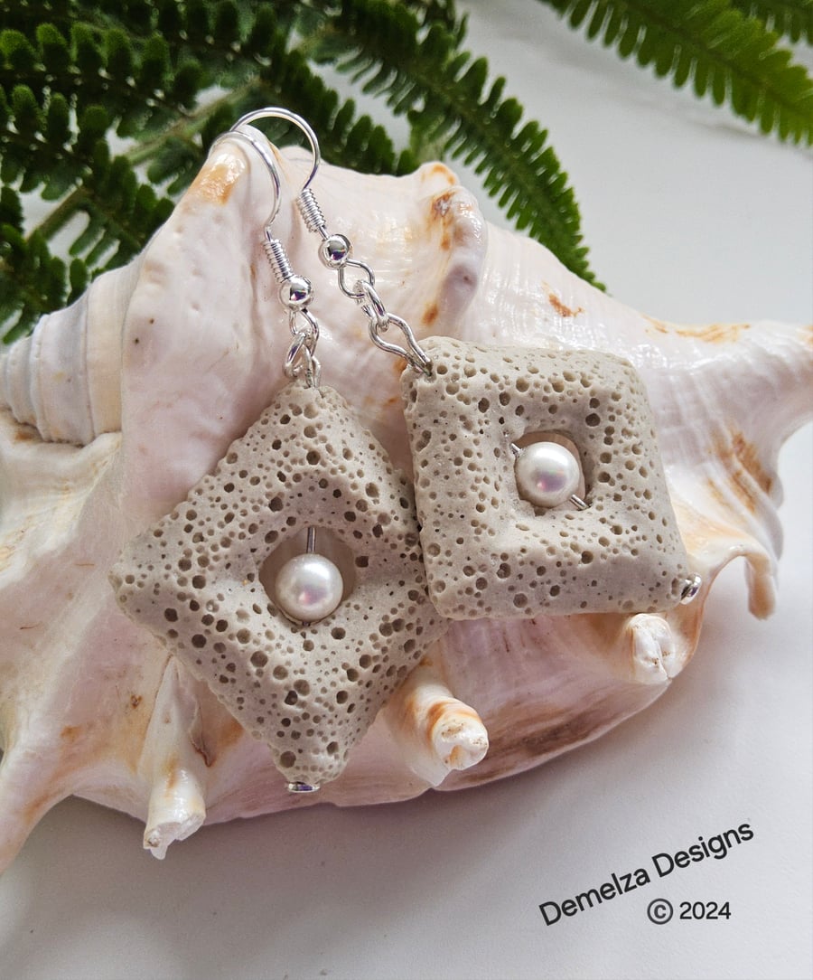 Lava Rock -Lava Stone & Shell Pearl Earrings.