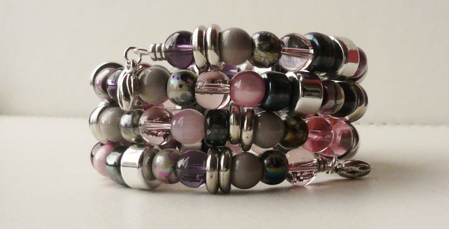 Bracelet Chunky Memory Wire Wrap Purple Pink Grey Black Mixed Bead  KCJ1687 
