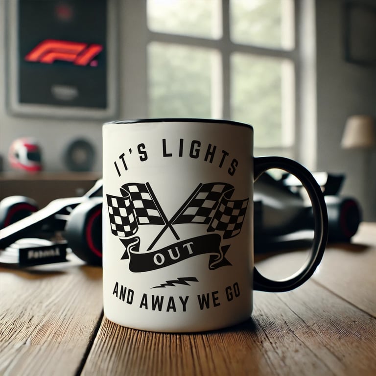 Lights Out - Flags Mug: F1 Start Quote Mug, Formula 1 Gift For Him