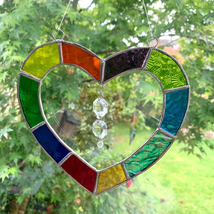 Stained Glass Small Open Heart Suncatcher - Handmade Hanging Decoration -  Multi