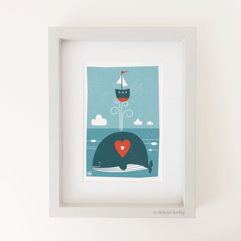 Whale Of A Time, whale with sailing boat illustration, Giclee print