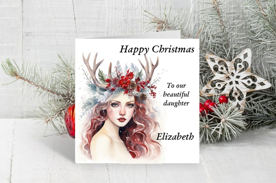 Personalised Yule Snow Queen Christmas Card. Winter Birthday Card. Design 4