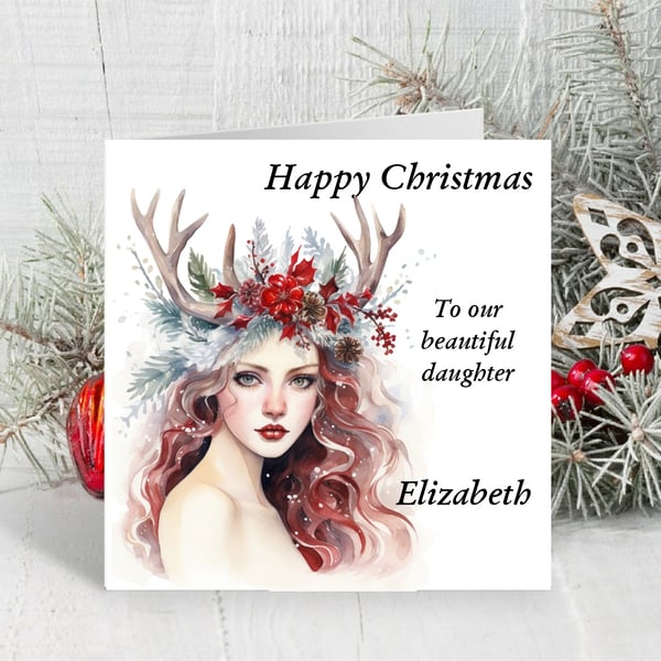 Personalised Yule Snow Queen Christmas Card. Winter Birthday Card. Design 4